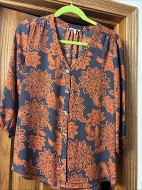 Maurices Black Top with Orange Floral Print Button-Front